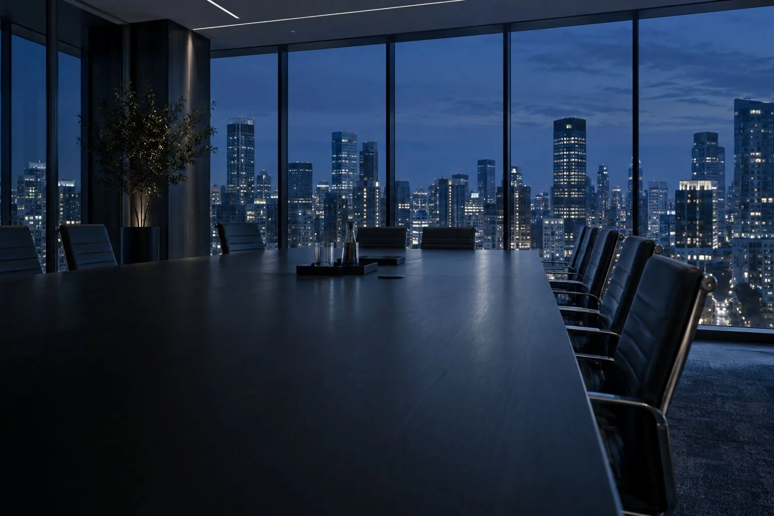 A law firm boardroom high in a tower at blue hour, overlooking a city skyline through floor-to-ceiling windows