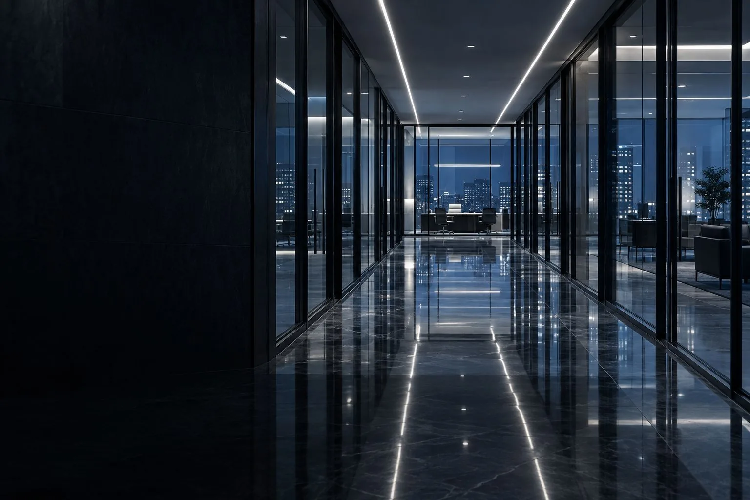 A glass-walled law firm corridor at dusk, leading toward a conference room with a city skyline beyond